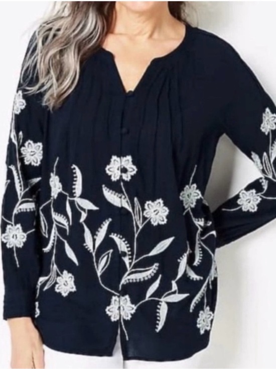 J. Jill Tops - J. Jill Floral embroidered Long-Sleeve Top - navy and white